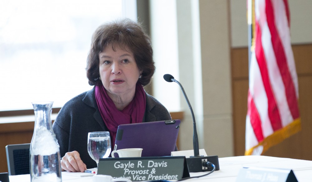 GVL / Kevin Sielaff - Provost Gayle Davis speaks at the Board of Trustees meeting on Friday, Feb. 12, 2016 in the Seidman College of Business on Grand Valley's Pew Campus.