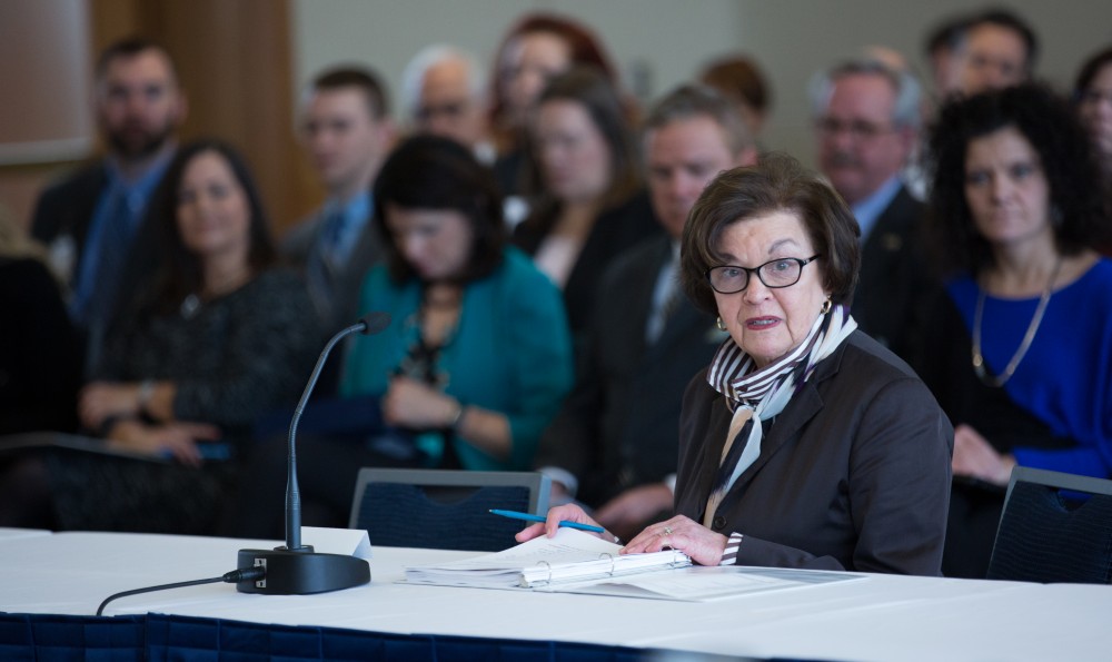 GVL / Kevin Sielaff - ___ speaks at the Board of Trustees meeting on Friday, Feb. 12, 2016 in the Seidman College of Business on Grand Valley's Pew Campus.