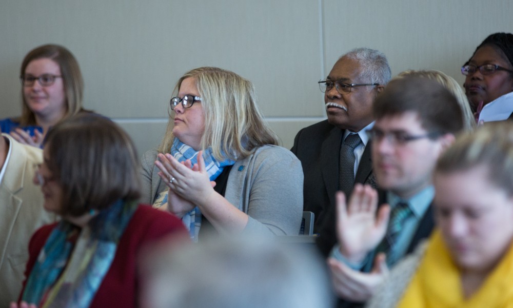 GVL / Kevin Sielaff - James Moyer is present in the gallery at the Board of Trustees meeting on Friday, Feb. 12, 2016 in the Seidman College of Business on Grand Valley's Pew Campus.