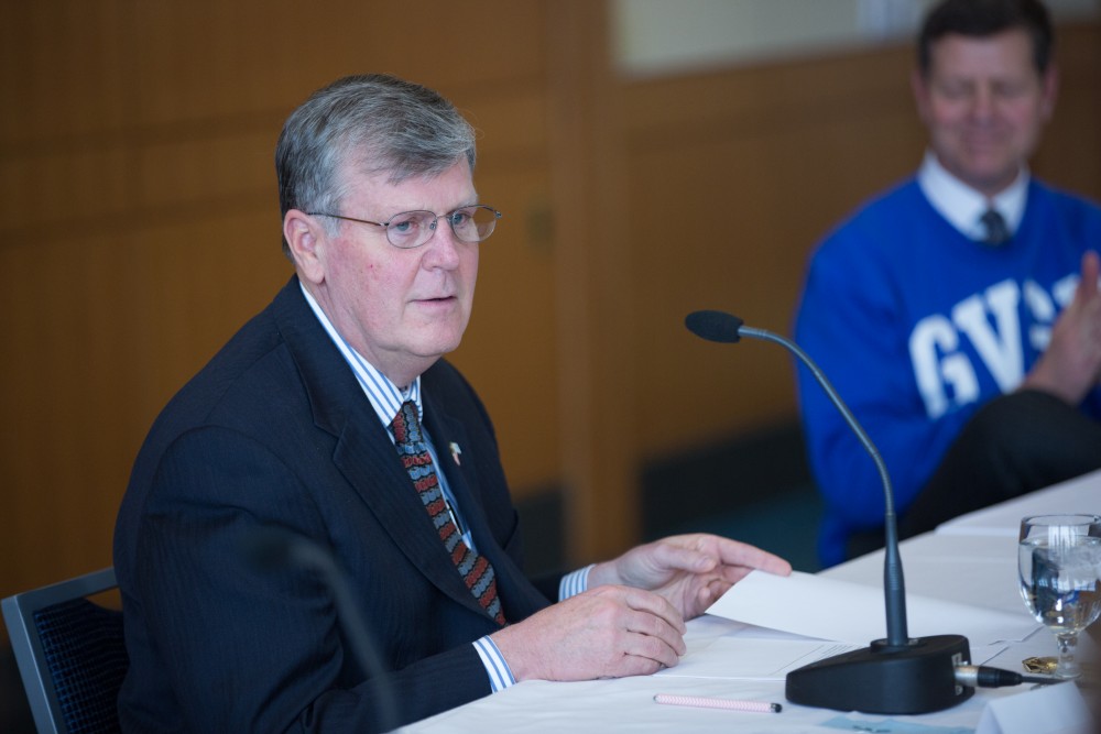 GVL / Kevin Sielaff - President Thomas Haas speaks at the Board of Trustees meeting on Friday, Feb. 12, 2016 in the Seidman College of Business on Grand Valley's Pew Campus.