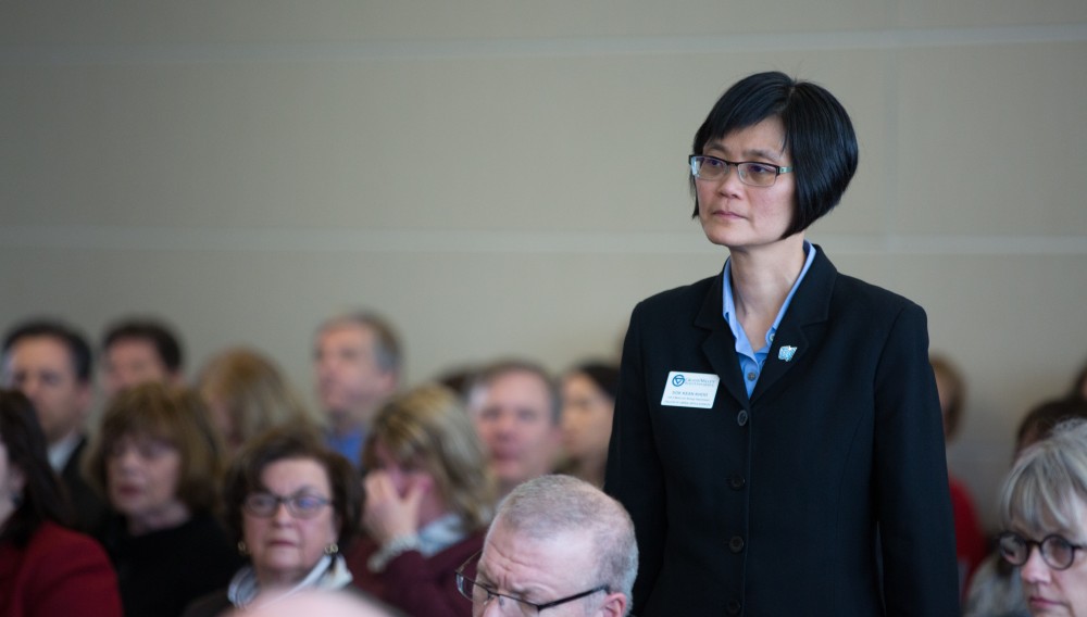 GVL / Kevin Sielaff - Professor Sok Kean Khoo is recognized for her research in molecular biology at the Board of Trustees meeting on Friday, Feb. 12, 2016 in the Seidman College of Business on Grand Valley's Pew Campus.