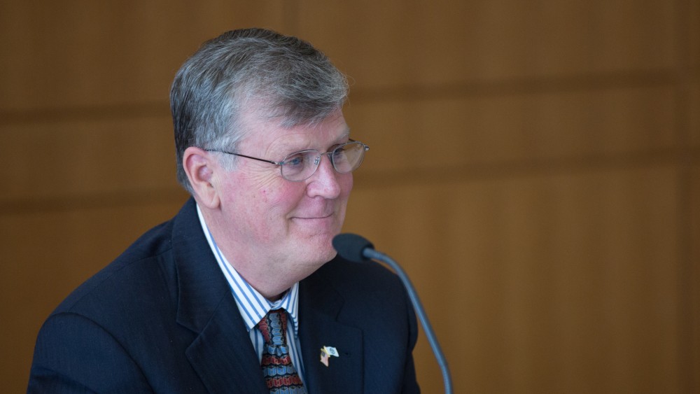 GVL / Kevin Sielaff - President Thomas Haas speaks at the Board of Trustees meeting on Friday, Feb. 12, 2016 in the Seidman College of Business on Grand Valley's Pew Campus.