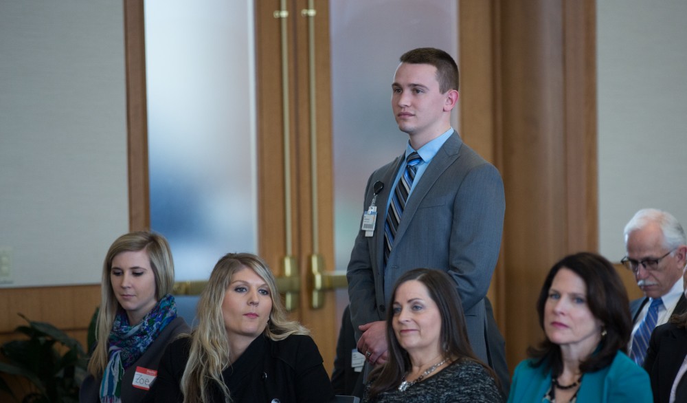 GVL / Kevin Sielaff - Students working in collaboration with Spectrum Health are recognized at the Board of Trustees meeting on Friday, Feb. 12, 2016 in the Seidman College of Business on Grand Valley's Pew Campus.