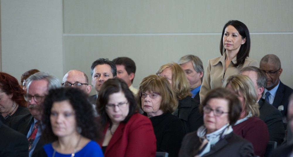 GVL / Kevin Sielaff - Connie Dang, director of the Office of Multicultural Affairs, is recognized at the Board of Trustees meeting on Friday, Feb. 12, 2016 in the Seidman College of Business on Grand Valley's Pew Campus.