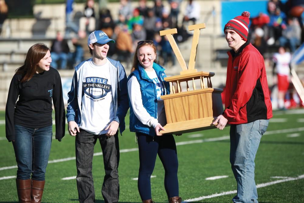 GVL / Kevin Sielaff - The BOTV trophy is presented during halftime.  Grand Valley squares off against SVSU Nov. 14 in Allendale. The Lakers hold on and win with a final score of 24-17.