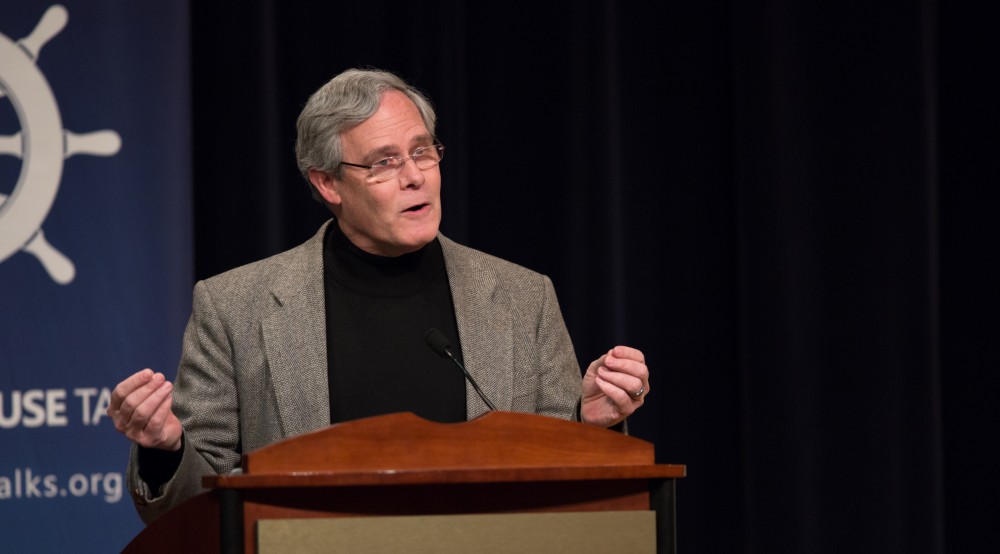 GVL / Kevin Sielaff - Gleaves Whitney introduces the speaker, Brian Flanagan, at Friday's Wheelhouse Talk on Feb. 12, 2016.