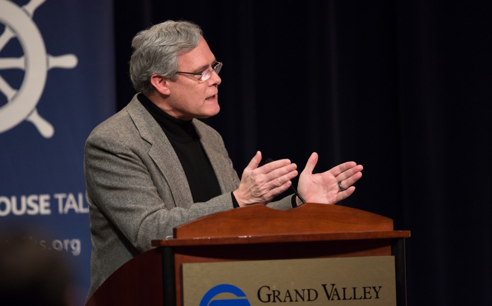 GVL / Kevin Sielaff - Gleaves Whitney introduces the speaker, Brian Flanagan, at Friday's Wheelhouse Talk on Feb. 12, 2016.