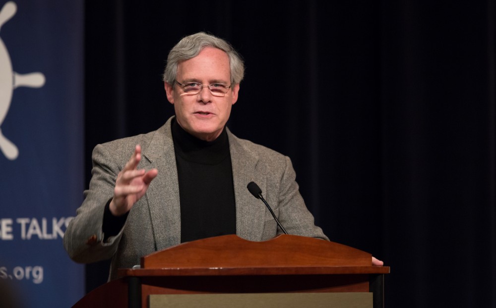 GVL / Kevin Sielaff - Gleaves Whitney introduces the speaker, Brian Flanagan, at Friday's Wheelhouse Talk on Feb. 12, 2016.