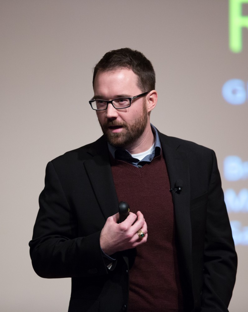 GVL / Kevin Sielaff - Brian Flanagan, managing director of the Sanger Leadership Center at the University of Michigan's Ross School of Business, speaks in Loosemore Auditorium on Grand Valley's Pew Campus Friday, Feb. 12, 2016.