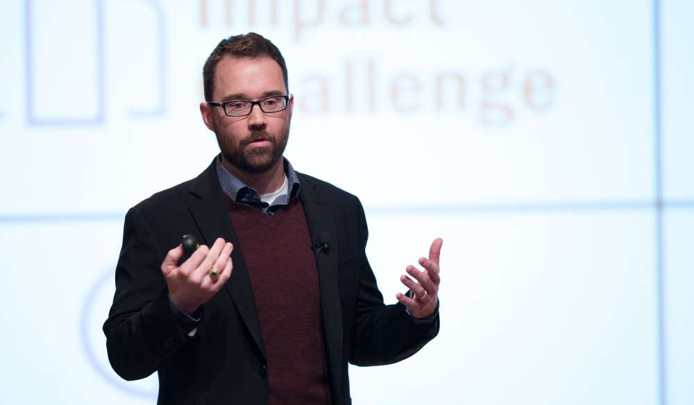 GVL / Kevin Sielaff - Brian Flanagan, managing director of the Sanger Leadership Center at the University of Michigan's Ross School of Business, speaks in Loosemore Auditorium on Grand Valley's Pew Campus Friday, Feb. 12, 2016.