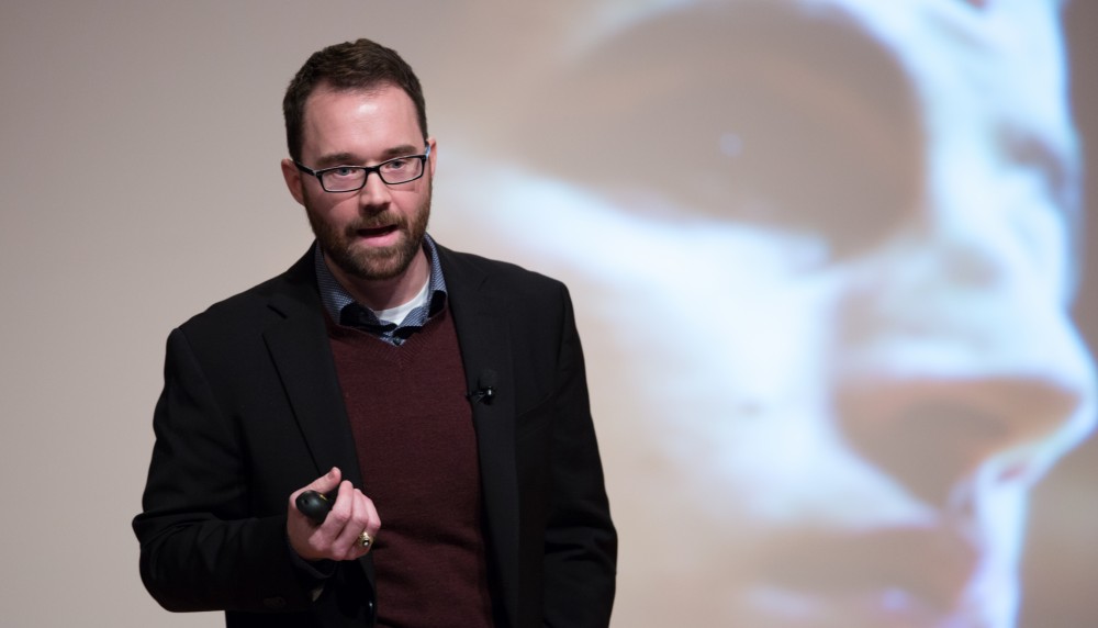 GVL / Kevin Sielaff - Brian Flanagan, managing director of the Sanger Leadership Center at the University of Michigan's Ross School of Business, speaks in Loosemore Auditorium on Grand Valley's Pew Campus Friday, Feb. 12, 2016.