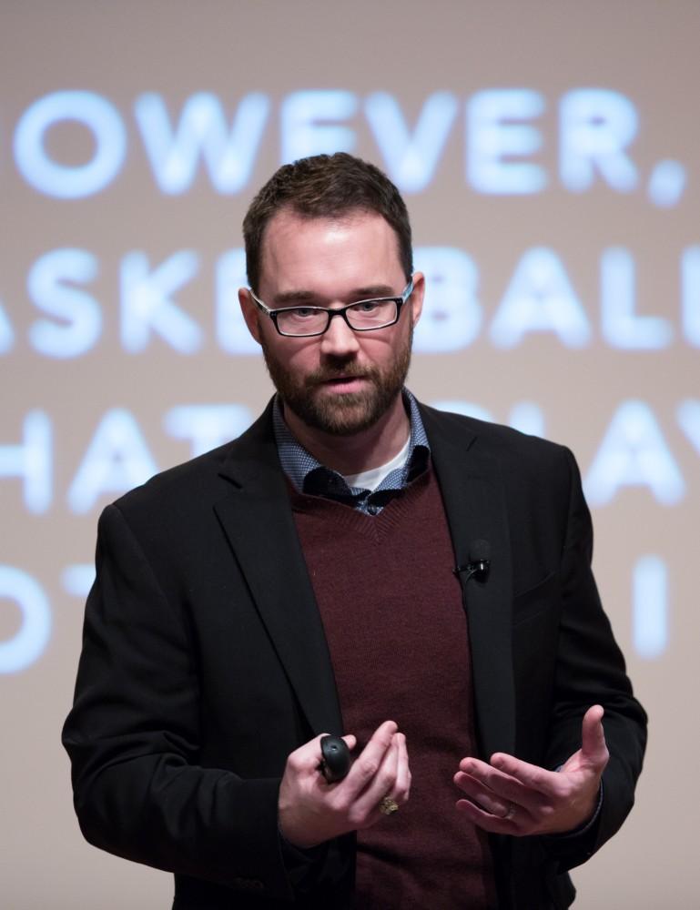 GVL / Kevin Sielaff - Brian Flanagan, managing director of the Sanger Leadership Center at the University of Michigan's Ross School of Business, speaks in Loosemore Auditorium on Grand Valley's Pew Campus Friday, Feb. 12, 2016.