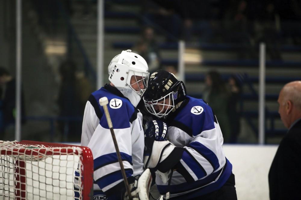 GVL / Emily Frye 
Goalies Jiri Aberle (left) and Jared Maddock on Friday Jan. 29, 2016. 