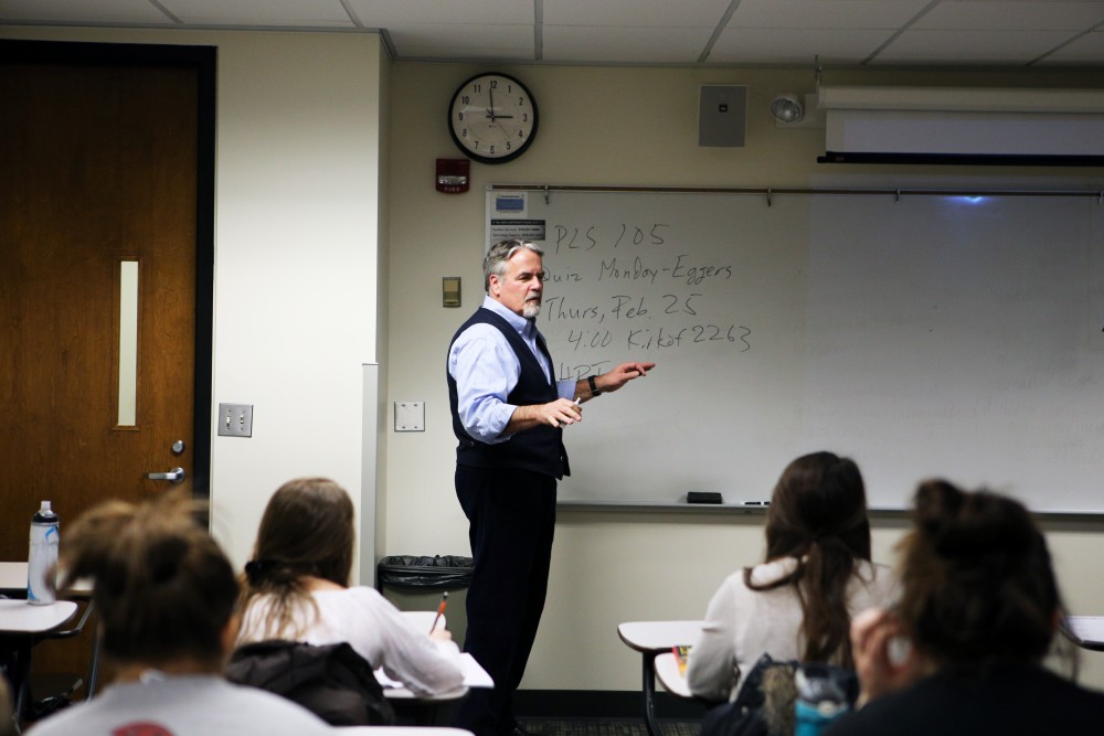 GVL / Emily Frye
Political Science Professor and Director of the Human Rights Minor Program, Richard P. Hiskes talks to his class about the new Human Rights Minor offered at Grand Valley State University on Wednesday, Feb. 17, 2016. 