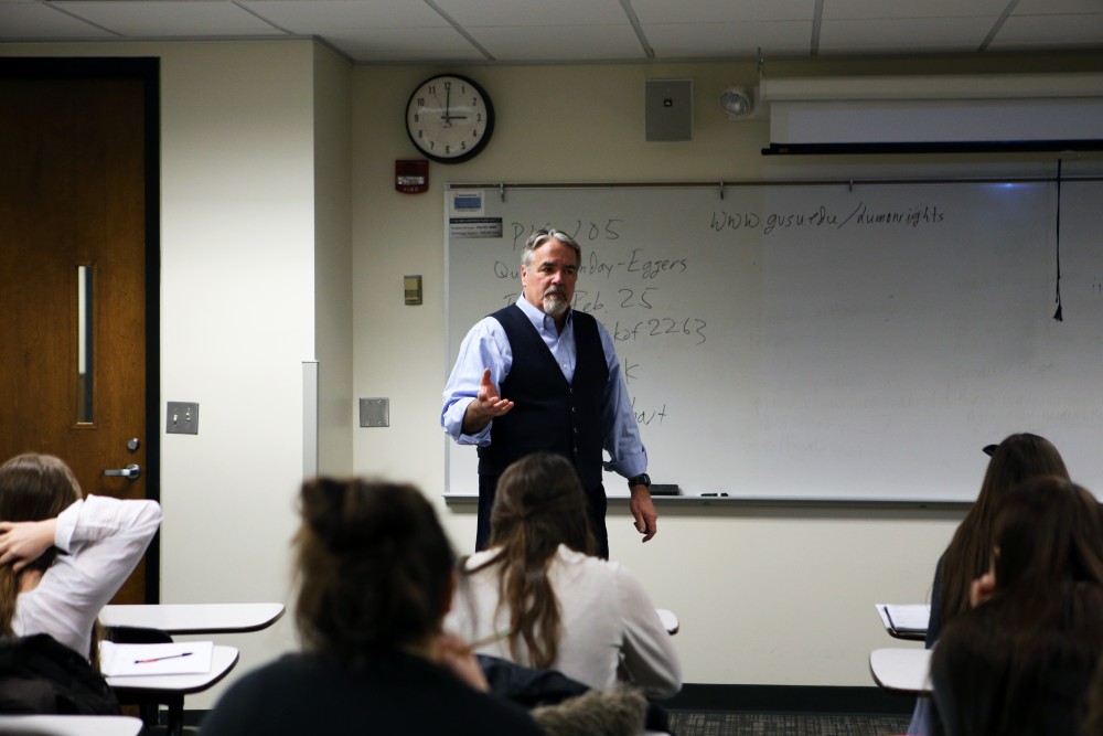 GVL / Emily Frye
Political Science Professor and Director of the Human Rights Minor Program, Richard P. Hiskes talks to his class about the new Human Rights Minor offered at Grand Valley State University on Wednesday, Feb. 17, 2016.