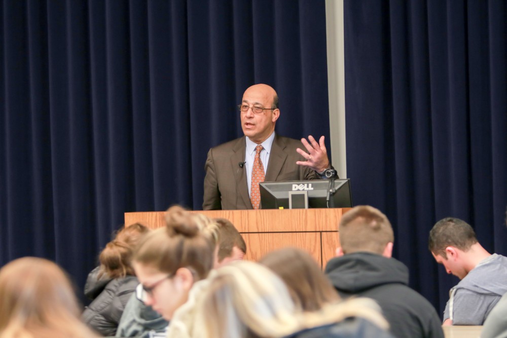 GVL / Sara Carte - Georgetown University professor, Dr. Harb, speaks about the current events happening in Iraq and Syria in the Mary Idema Pew Library Multi-Purpose room on Thursday, Feb. 18, 2016.