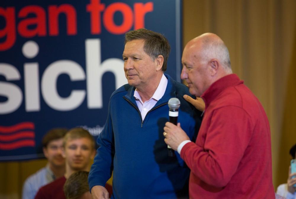 GVL / Kevin Sielaff - Former member of the United States House of Representatives Pete Hoekstra introduces John Kasich. Governor of Ohio and Republican presidential hopeful John Kasich speaks inside the Grand River Room in Kirkhof Monday, Feb. 15, 2016.