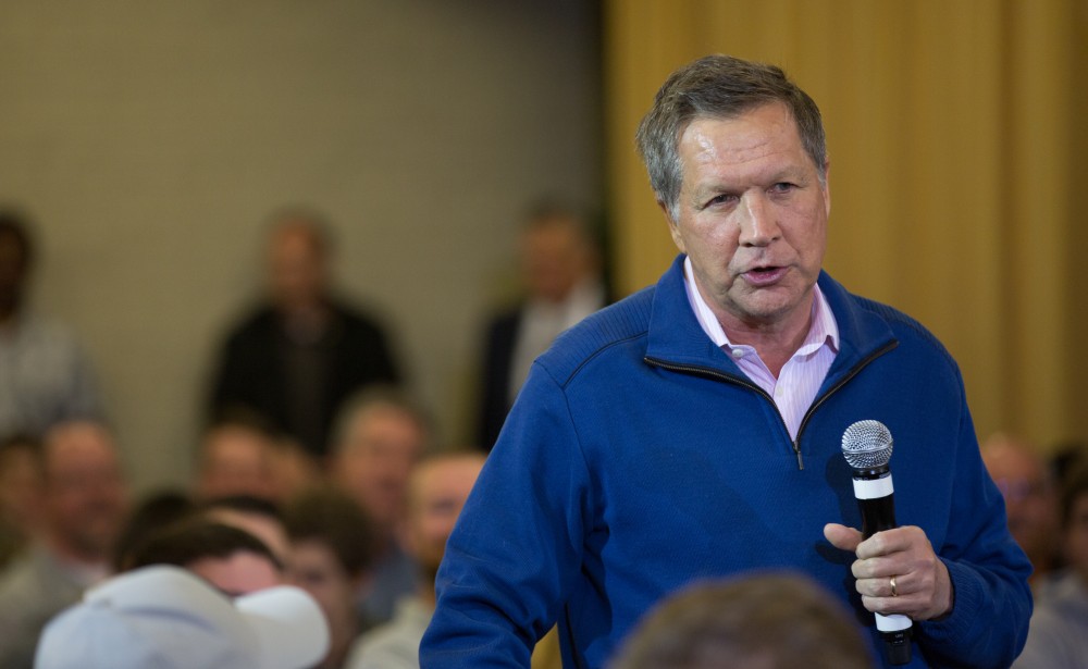 GVL / Kevin Sielaff - Governor of Ohio and Republican presidential hopeful John Kasich speaks inside the Grand River Room in Kirkhof Monday, Feb. 15, 2016.