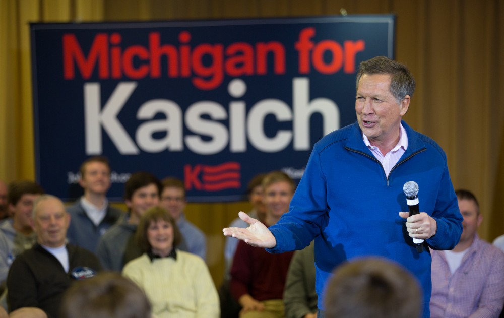 GVL / Kevin Sielaff - Governor of Ohio and Republican presidential hopeful John Kasich speaks inside the Grand River Room in Kirkhof Monday, Feb. 15, 2016.