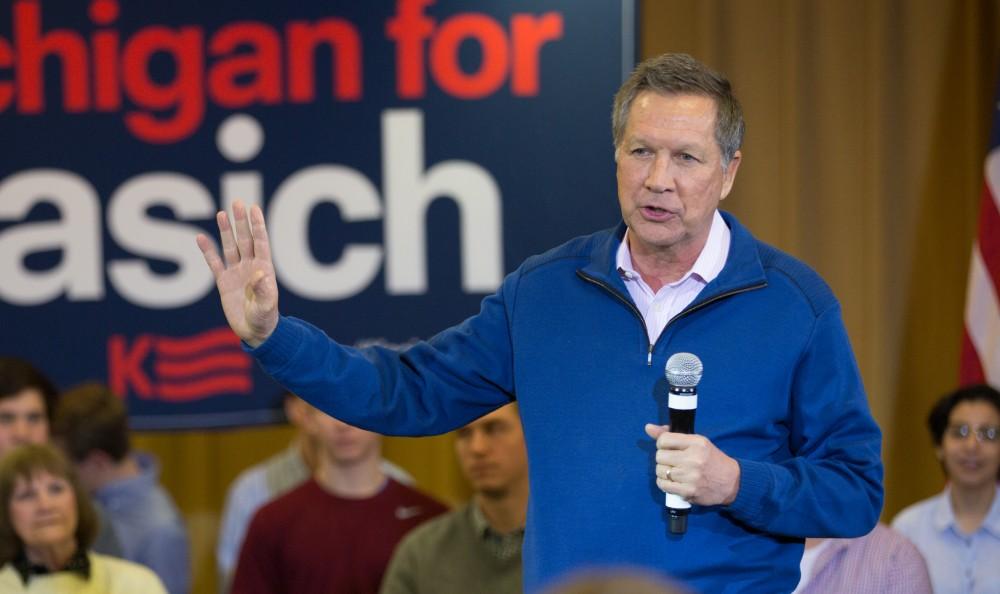 GVL / Kevin Sielaff - Governor of Ohio and Republican presidential hopeful John Kasich speaks inside the Grand River Room in Kirkhof Monday, Feb. 15, 2016.