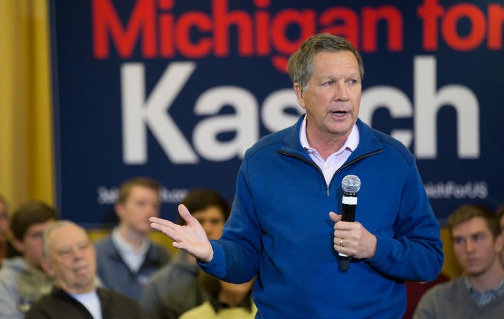 GVL / Kevin Sielaff - Governor of Ohio and Republican presidential hopeful John Kasich speaks inside the Grand River Room in Kirkhof Monday, Feb. 15, 2016.