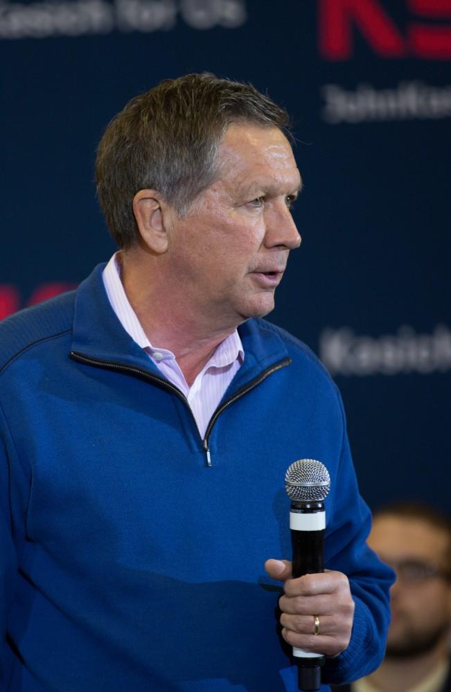 GVL / Kevin Sielaff - Governor of Ohio and Republican presidential hopeful John Kasich speaks inside the Grand River Room in Kirkhof Monday, Feb. 15, 2016.