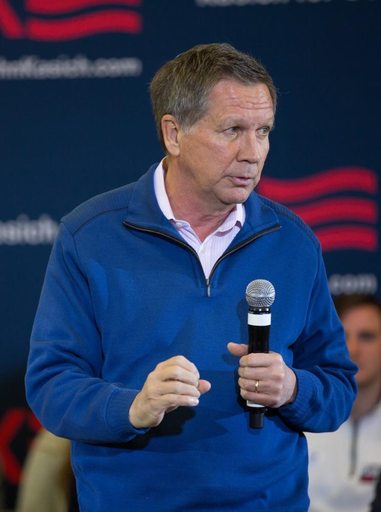 GVL / Kevin Sielaff - Governor of Ohio and Republican presidential hopeful John Kasich speaks inside the Grand River Room in Kirkhof Monday, Feb. 15, 2016.