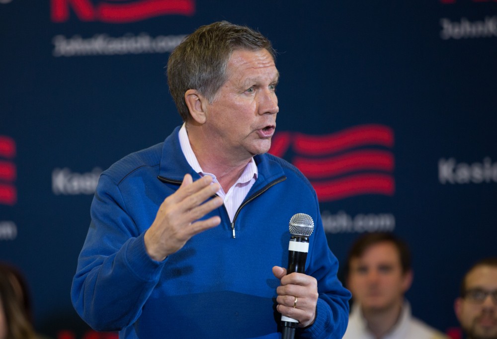 GVL / Kevin Sielaff - Governor of Ohio and Republican presidential hopeful John Kasich speaks inside the Grand River Room in Kirkhof Monday, Feb. 15, 2016.