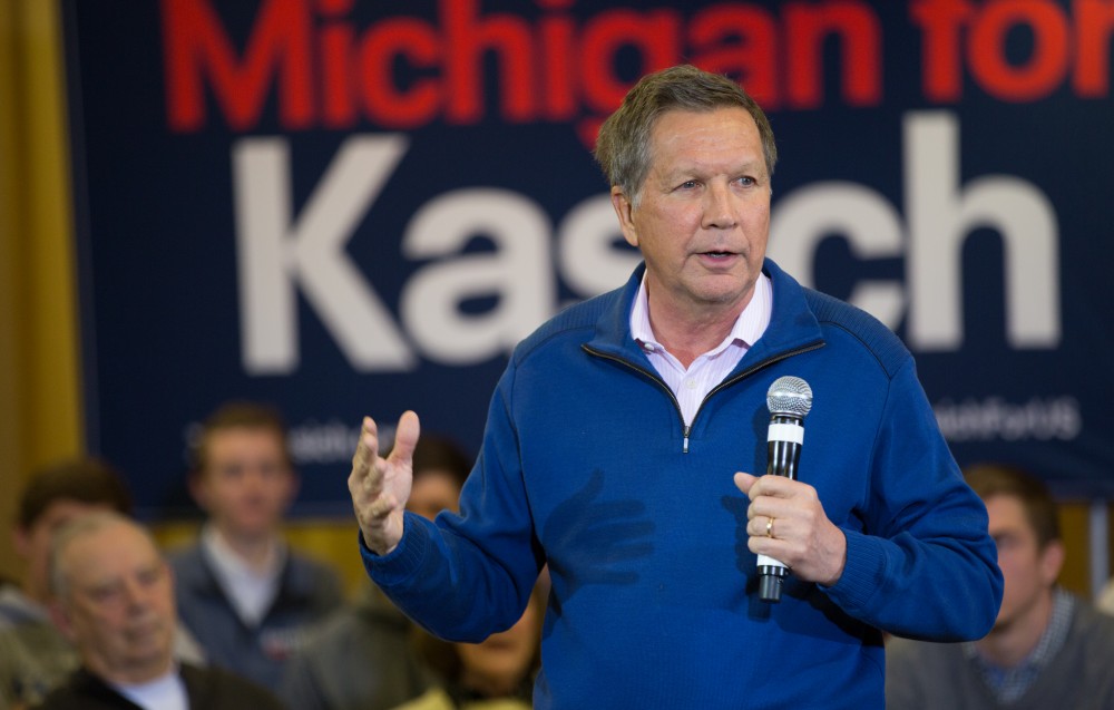 GVL / Kevin Sielaff - Governor of Ohio and Republican presidential hopeful John Kasich speaks inside the Grand River Room in Kirkhof Monday, Feb. 15, 2016.