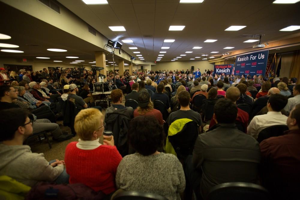 GVL / Kevin Sielaff - Governor of Ohio and Republican presidential hopeful John Kasich speaks inside the Grand River Room in Kirkhof Monday, Feb. 15, 2016.