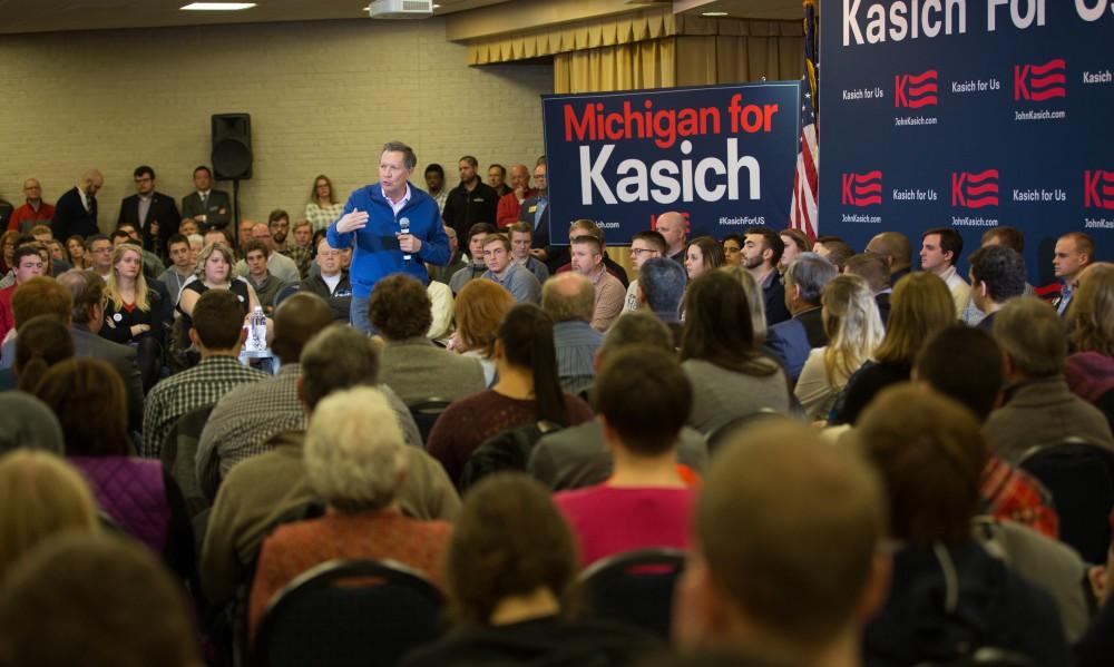 GVL / Kevin Sielaff - Governor of Ohio and Republican presidential hopeful John Kasich speaks inside the Grand River Room in Kirkhof Monday, Feb. 15, 2016.