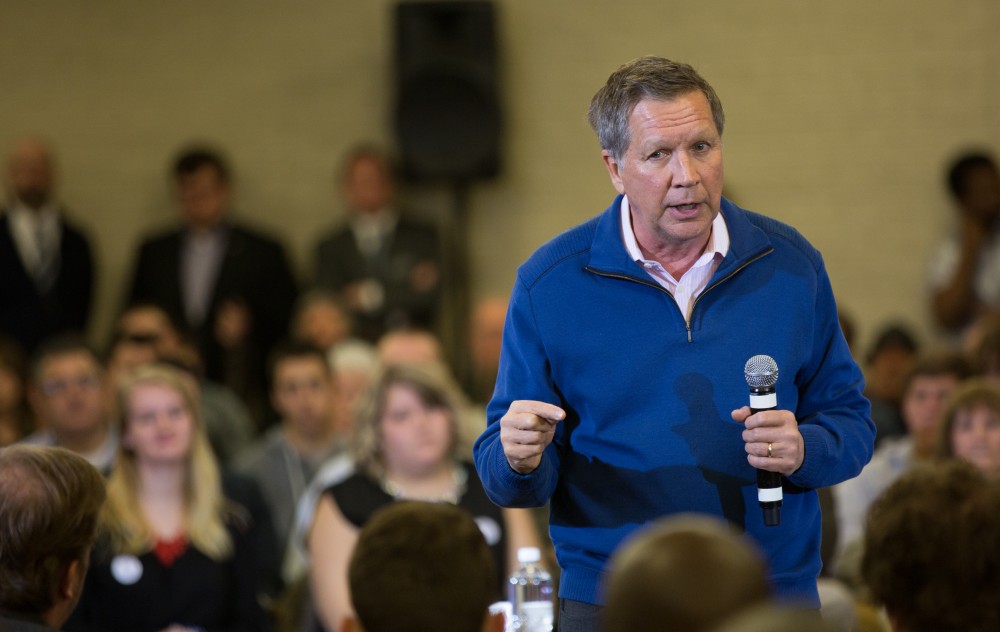 GVL / Kevin Sielaff - Governor of Ohio and Republican presidential hopeful John Kasich speaks inside the Grand River Room in Kirkhof Monday, Feb. 15, 2016.