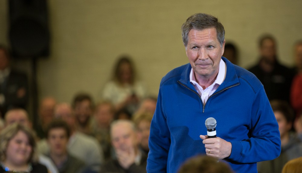 GVL / Kevin Sielaff - Governor of Ohio and Republican presidential hopeful John Kasich speaks inside the Grand River Room in Kirkhof Monday, Feb. 15, 2016.