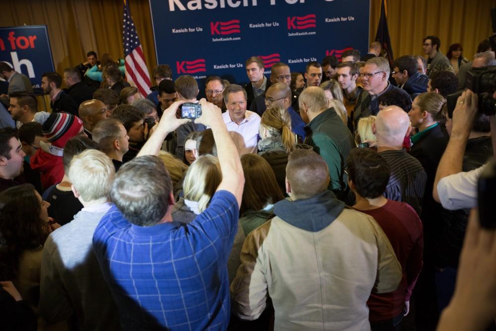 GVL / Kevin Sielaff - Governor of Ohio and Republican presidential hopeful John Kasich speaks inside the Grand River Room in Kirkhof Monday, Feb. 15, 2016.