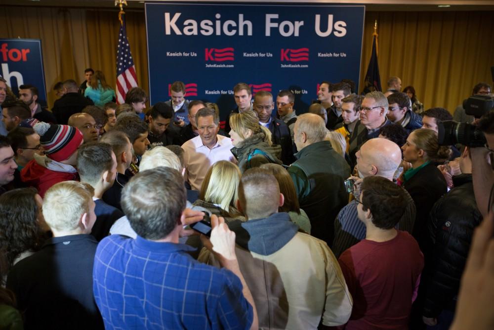 GVL / Kevin Sielaff - Governor of Ohio and Republican presidential hopeful John Kasich speaks inside the Grand River Room in Kirkhof Monday, Feb. 15, 2016.