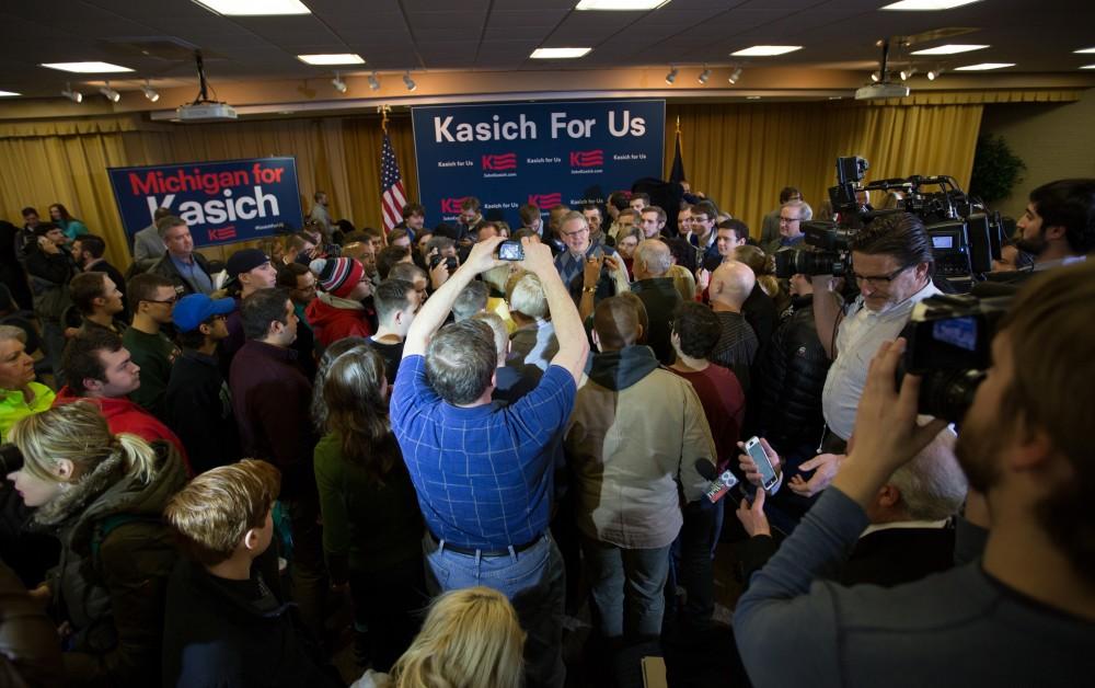 GVL / Kevin Sielaff - Governor of Ohio and Republican presidential hopeful John Kasich speaks inside the Grand River Room in Kirkhof Monday, Feb. 15, 2016.