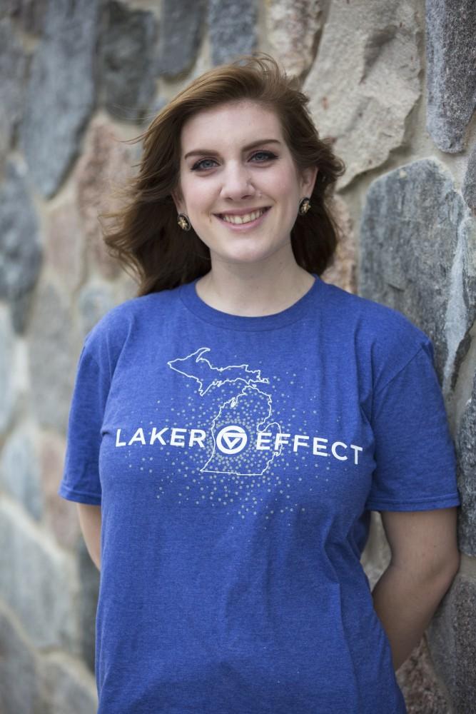 GVL / Kevin Sielaff - GVSU student Kate Branum poses in Laker Effect attire outside of the Mary Idema Pew Library Friday, Feb. 19, 2016.