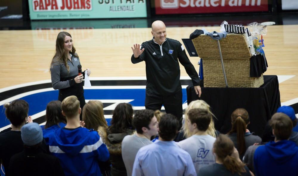 GVL / Kevin Sielaff - Time Selgo is honored at half time by GVSU athletes. The Lakers defeat the Cardinals of SVSU with a final score of 76-73 in Allendale.