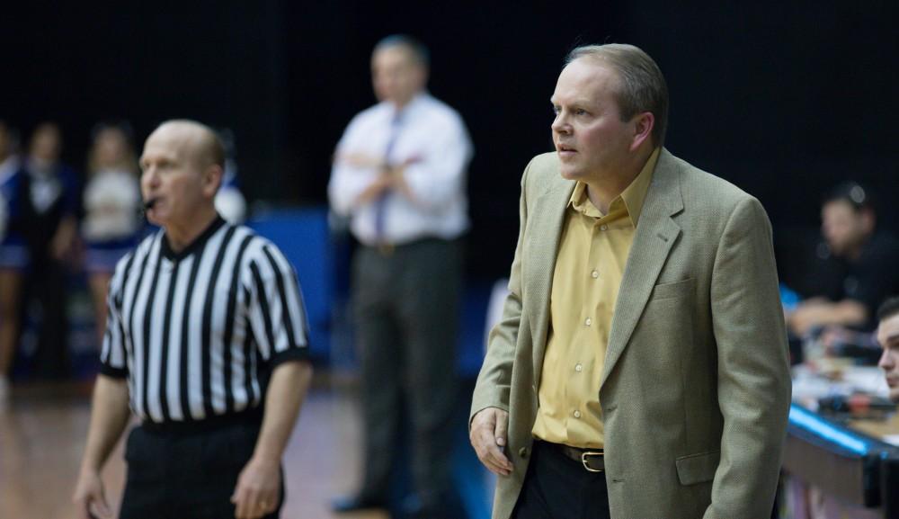 GVL / Kevin Sielaff - Head coach Ric Wesley looks on toward the play. The Lakers defeat the Cardinals of SVSU with a final score of 76-73 in Allendale.