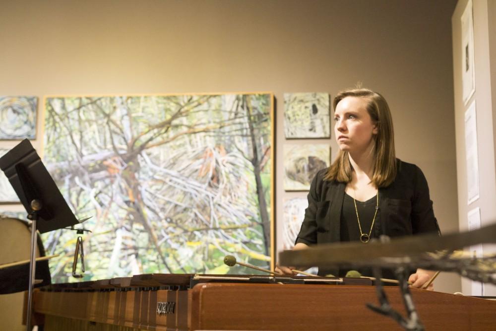 GVL / Sara Carte - Percussion player, Wade Selkirk, performs at the New Music Ensemble Student Competition in the Performing Arts Center on Thursday, Feb. 25, 2016.