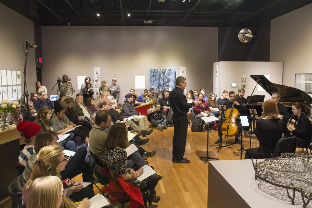 GVL / Sara Carte - Music Director, Bill Ryan, and music students perform at the New Music Ensemble Student Competition in the Performing Arts Center on Thursday, Feb. 25, 2016.