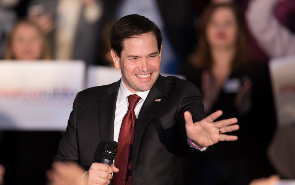 GVL / Kevin Sielaff - Republican presidential hopeful Marco Rubio draws a crowd at 4975 Broadmoor Avenue SE in Grand Rapids Tuesday, Feb. 23, 2016 as he rallies for Michigan’s vote in the upcoming primaries.