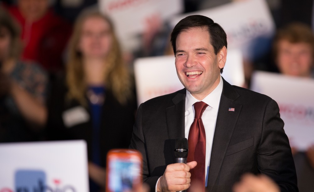 GVL / Kevin Sielaff - Republican presidential hopeful Marco Rubio draws a crowd at 4975 Broadmoor Avenue SE in Grand Rapids Tuesday, Feb. 23, 2016 as he rallies for Michigan’s vote in the upcoming primaries.