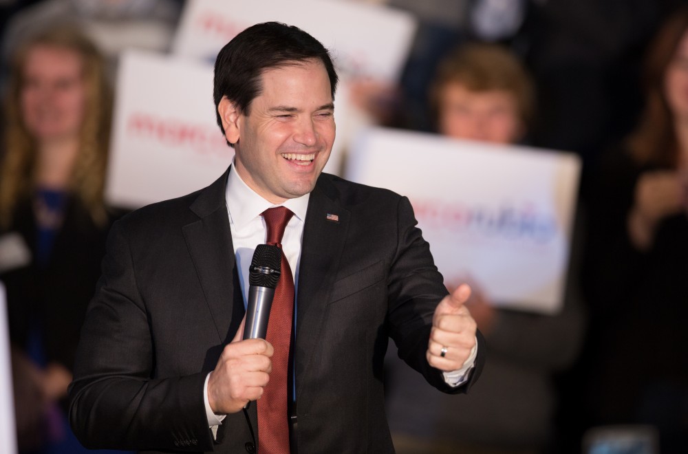 GVL / Kevin Sielaff - Republican presidential hopeful Marco Rubio draws a crowd at 4975 Broadmoor Avenue SE in Grand Rapids Tuesday, Feb. 23, 2016 as he rallies for Michigan’s vote in the upcoming primaries.