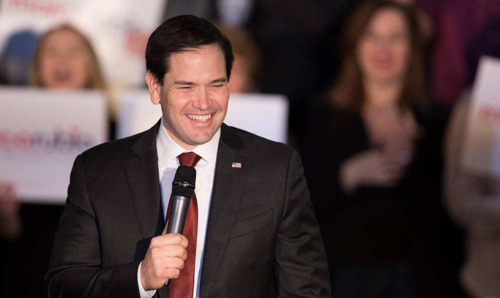 GVL / Kevin Sielaff - Republican presidential hopeful Marco Rubio draws a crowd at 4975 Broadmoor Avenue SE in Grand Rapids Tuesday, Feb. 23, 2016 as he rallies for Michigan’s vote in the upcoming primaries.