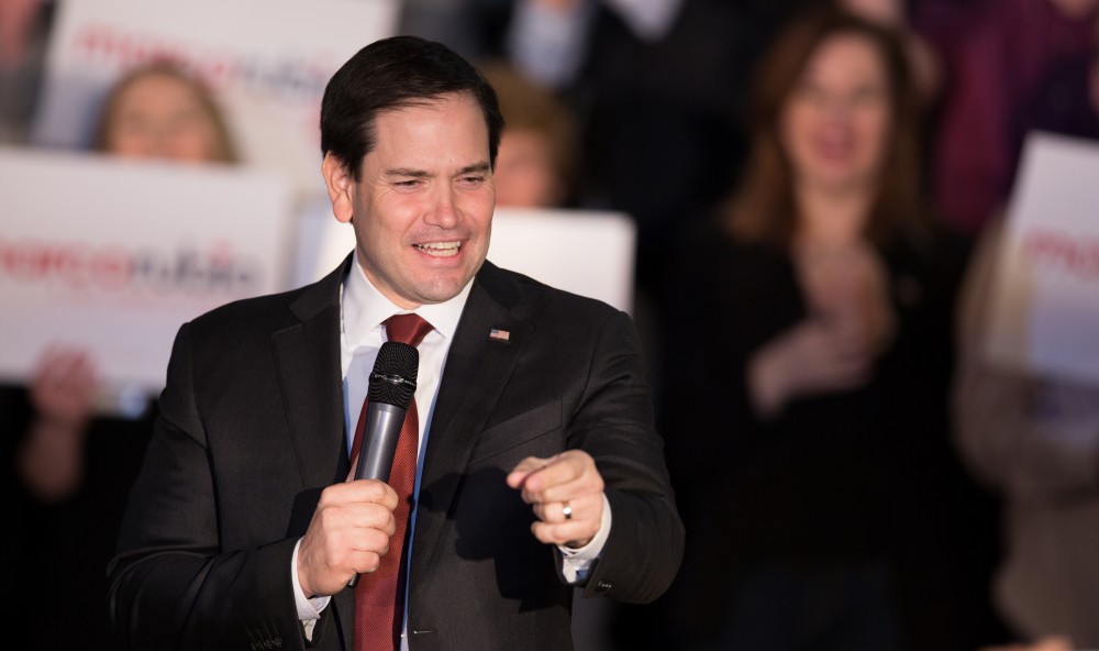 GVL / Kevin Sielaff - Republican presidential hopeful Marco Rubio draws a crowd at 4975 Broadmoor Avenue SE in Grand Rapids Tuesday, Feb. 23, 2016 as he rallies for Michigan’s vote in the upcoming primaries.