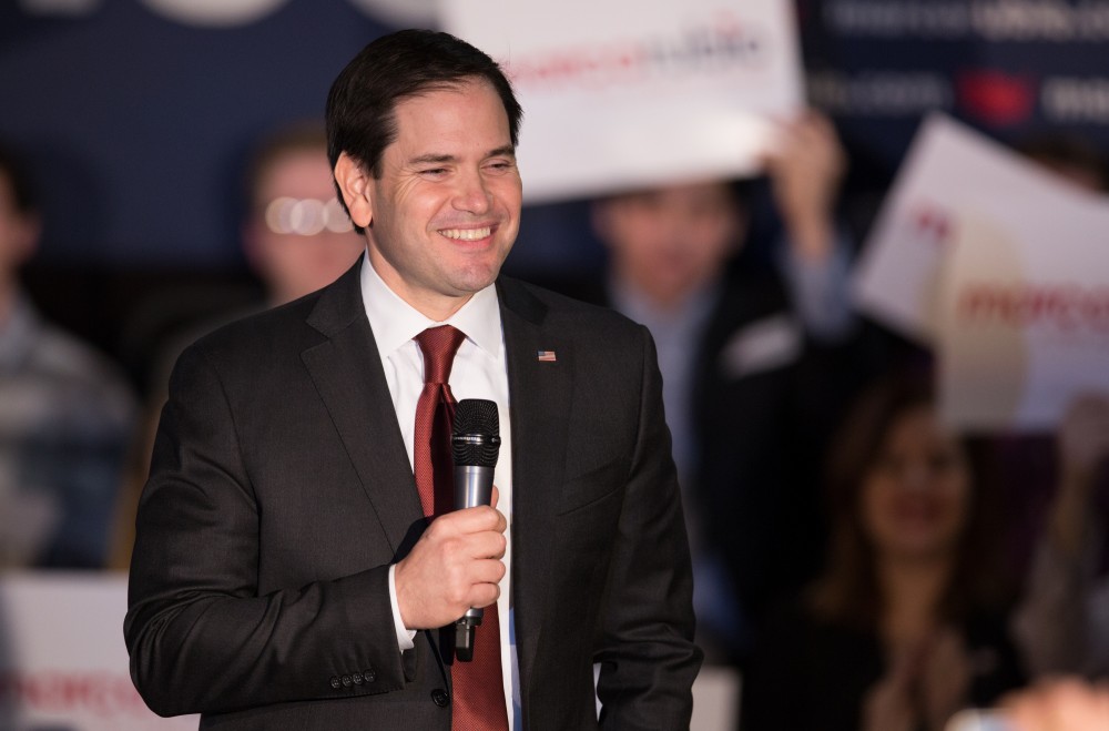 GVL / Kevin Sielaff - Republican presidential hopeful Marco Rubio draws a crowd at 4975 Broadmoor Avenue SE in Grand Rapids Tuesday, Feb. 23, 2016 as he rallies for Michigan’s vote in the upcoming primaries.