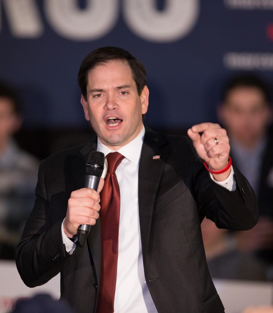 GVL / Kevin Sielaff - Republican presidential hopeful Marco Rubio draws a crowd at 4975 Broadmoor Avenue SE in Grand Rapids Tuesday, Feb. 23, 2016 as he rallies for Michigan’s vote in the upcoming primaries.