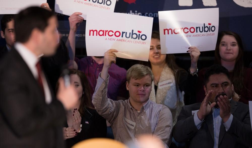 GVL / Kevin Sielaff - Republican presidential hopeful Marco Rubio draws a crowd at 4975 Broadmoor Avenue SE in Grand Rapids Tuesday, Feb. 23, 2016 as he rallies for Michigan’s vote in the upcoming primaries.