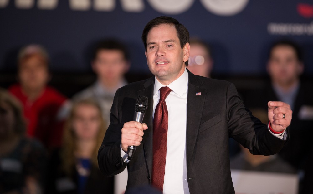 GVL / Kevin Sielaff - Republican presidential hopeful Marco Rubio draws a crowd at 4975 Broadmoor Avenue SE in Grand Rapids Tuesday, Feb. 23, 2016 as he rallies for Michigan’s vote in the upcoming primaries.